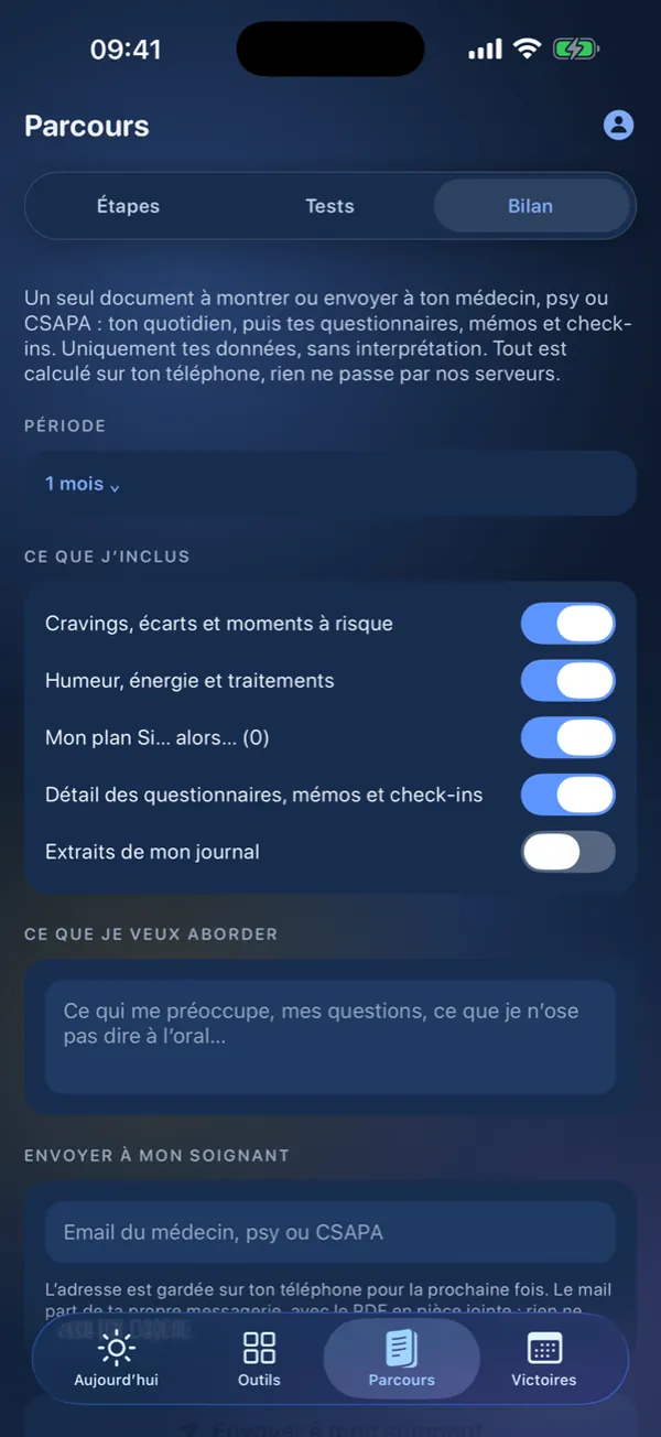 Écran Mon bilan : période, ce que j'inclus, ce que je veux aborder