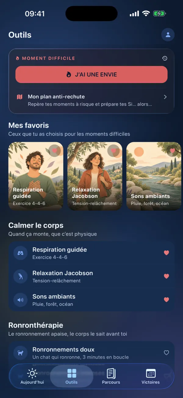 Écran Outils : J'ai une envie, plan anti-rechute et outils favoris