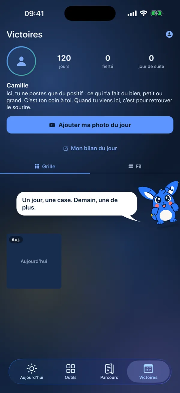 Écran Victoires : jours tenus et page du jour