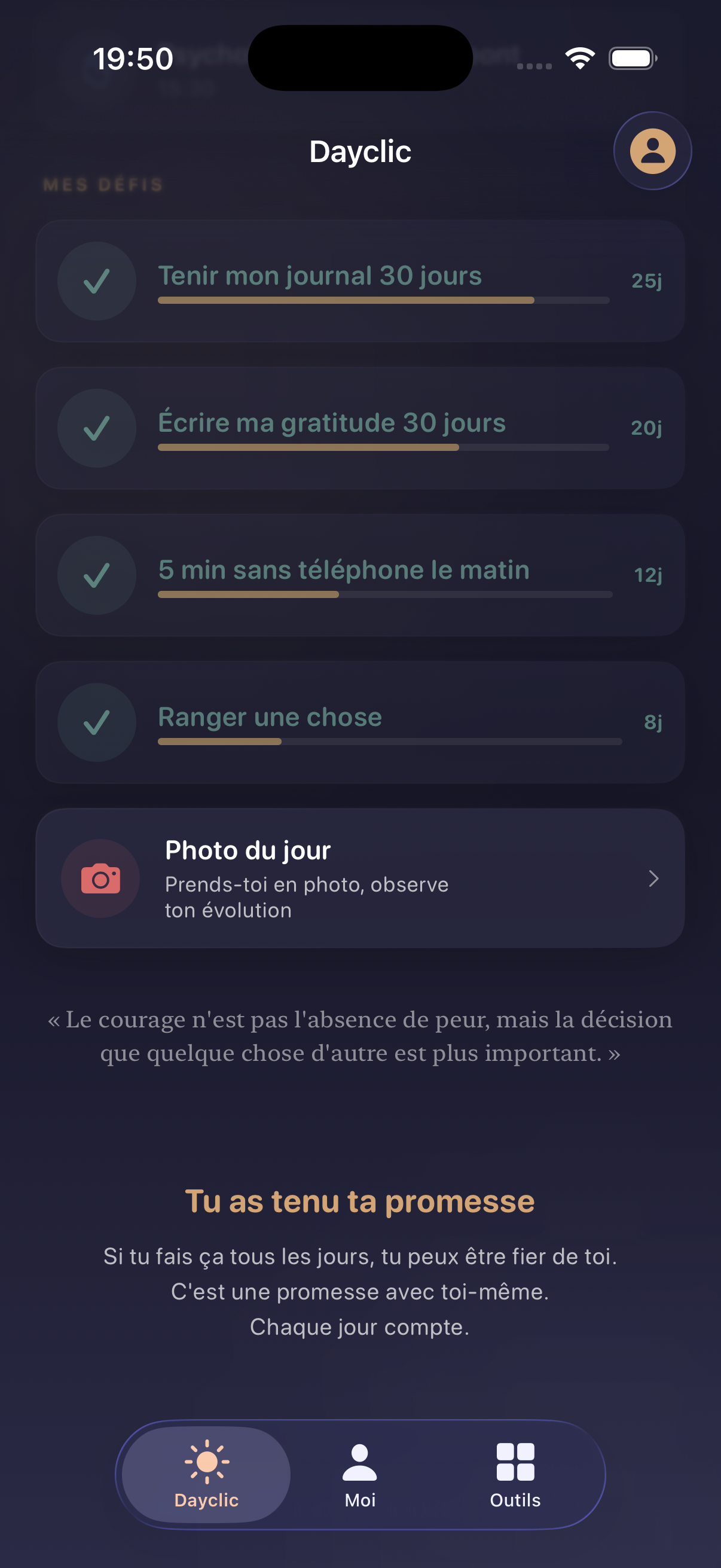 Capture de l’écran Dayclic centré sur les défis et habitudes